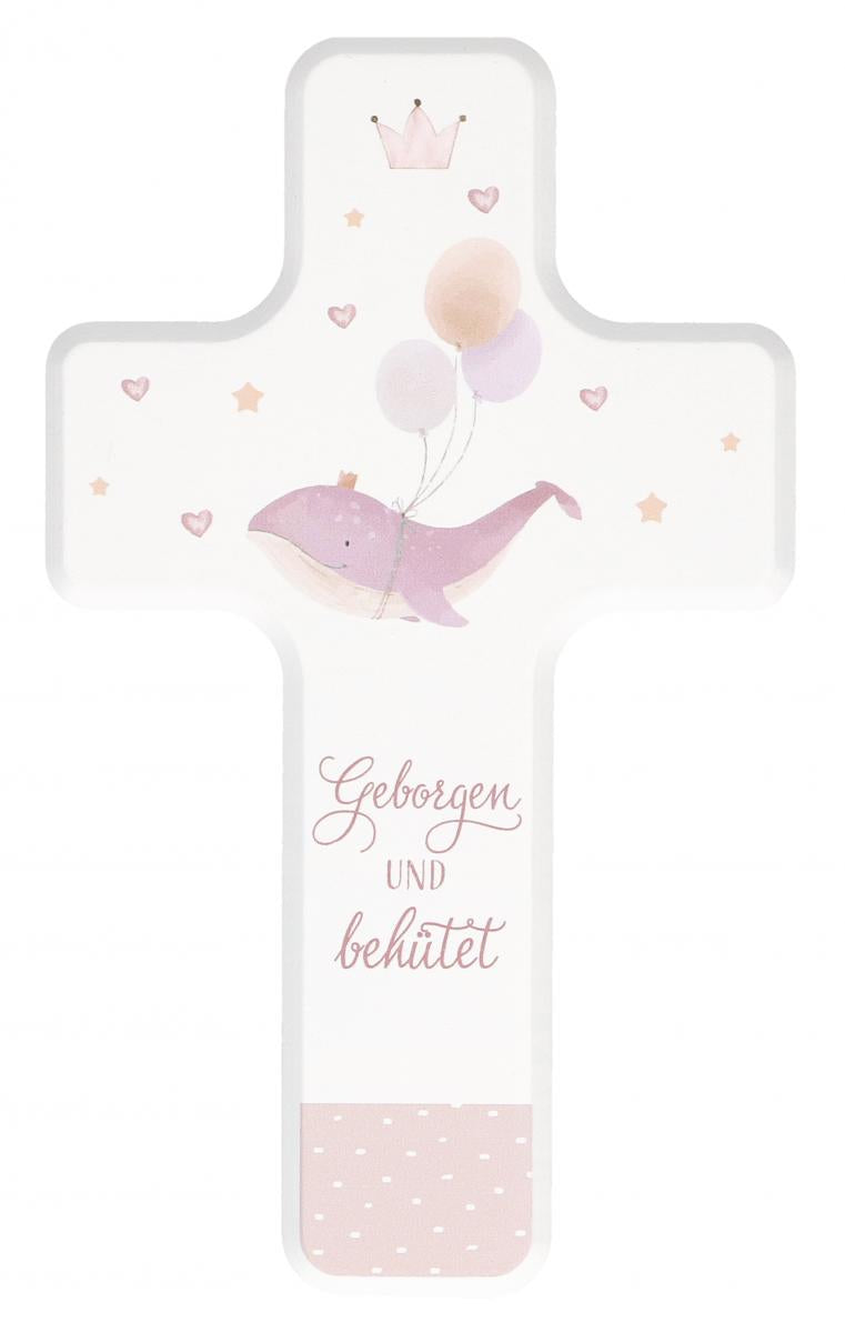 Kinderholzkreuz zur Taufe - rosa - Geborgen und behütet